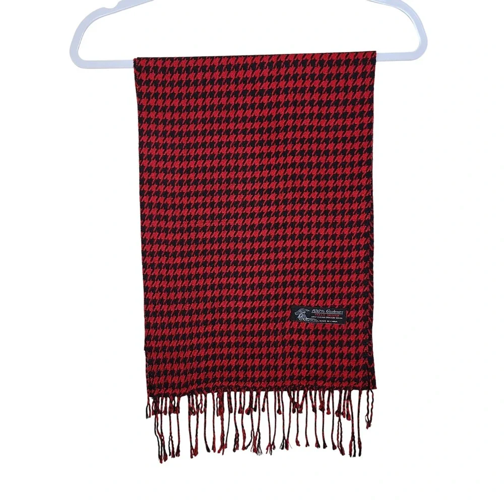 100% Cashmere Red Black Houndstooth Scarf Italian Design Classic Luxury Menswear